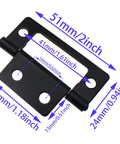 Set Of Four Heavy Duty Black Folding Hinges Featuring Darn Easy Non Mortise Installation For Small Wooden Chests And Cabinet Doors With Hella Sturdy Iron Build And Complete Screw Kit For Snappy Ready Install, dimensions shown.