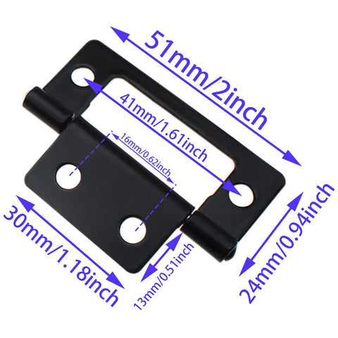 Set Of Four Heavy Duty Black Folding Hinges Featuring Darn Easy Non Mortise Installation For Small Wooden Chests And Cabinet Doors With Hella Sturdy Iron Build And Complete Screw Kit For Snappy Ready Install, dimensions shown.