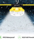 LED Construction String Lights 50FT, 5x50W Units, 5000LM Total, IP65 Waterproof with water droplets, shown in rain.