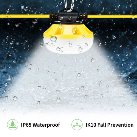 LED Construction String Lights 50FT, 5x50W Units, 5000LM Total, IP65 Waterproof with water droplets, shown in rain.