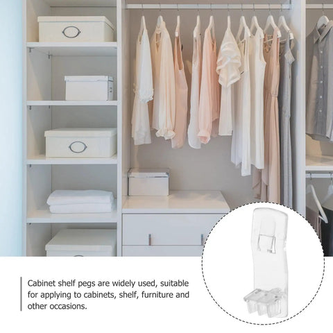 Locking Plastic Shelf Pegs For Cabinets And Furniture, Rectangular Clips in closet setup with clothing and storage boxes