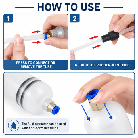 Heavy Duty 500ml Fluid Extractor Syringe For Brake Bleeding Manual Oil Transfer Pump With Clear Cylinder Tube To Monitor Flow instructions showing tube connection and assembly steps.
