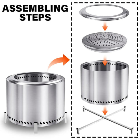 Assembly steps for 20 Inch Smokeless Patio Fire Pit For Backyard Hangouts, Garden And Patio, Stainless Steel Outdoor Wood Burning Fire Pit