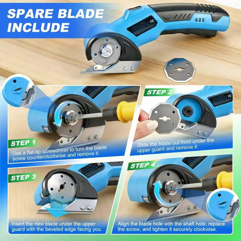 Heavy Duty Electric Scissors For Cardboard Cutting Cordless Rechargeable Box Cutter With Tungsten Steel Blade 260Rpm High Speed Power Tool close-up showing spare blade installation steps.