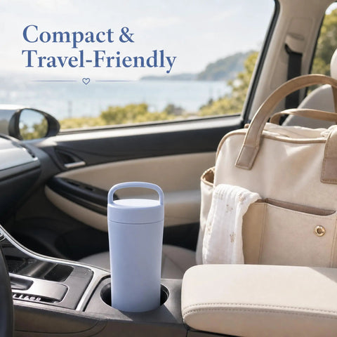 Portable Breastmilk Cooler Bag Featuring Double Walled Stainless Steel Insulation in car cup holder, ideal for on-the-go use.