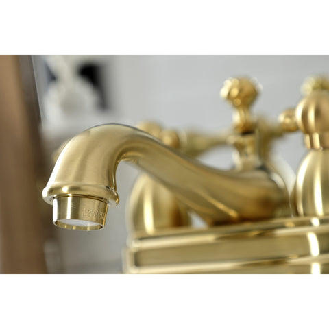 Close-up of Restoration Four Inch Centerset Bathroom Faucet in brushed brass with solid brass construction, showing spout.