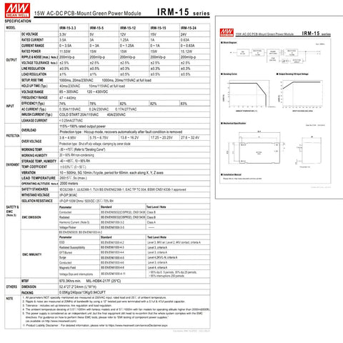 15W AC-DC PCB-Mount Power Module specification document detailing features, dimensions, and electrical characteristics.