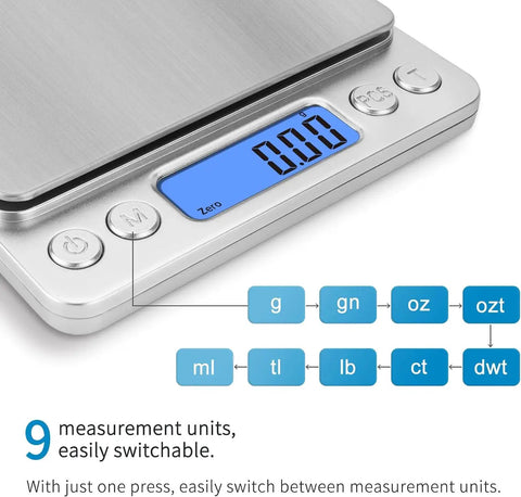 Close-up of Pocket Scale 3000g x 0.1g with LCD display showing zero, tare function, multiple measurement units. Battery powered, compact design.