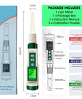 All In One PH Meter for Foodie Kitchens and Home Use with ATC and Backlit Display packaging and accessories
