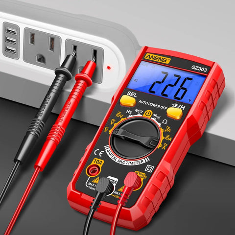 All In One Digital Multimeter Tester for Home Auto and DIY Projects measures voltage, shown testing outlet in red.