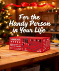 Product box labeled '20-Piece Heavy Duty Garage Hook Assortment' on a workbench, with festive background and Christmas tree.