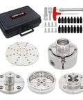 DEEFIINE 4-inch wood lathe chuck set with nickel-plated 4-jaw chuck, 1 inch x 8 tpi, case included.