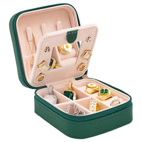 Compact Travel Jewelry Case With Mirror Portable Jewelry Box Organizer For Girls And Women All In One Travel Jewelry Box With 6 Ring Rolls And 3 Necklace Clasps Easy Carry No Tangle Storage Green Gift