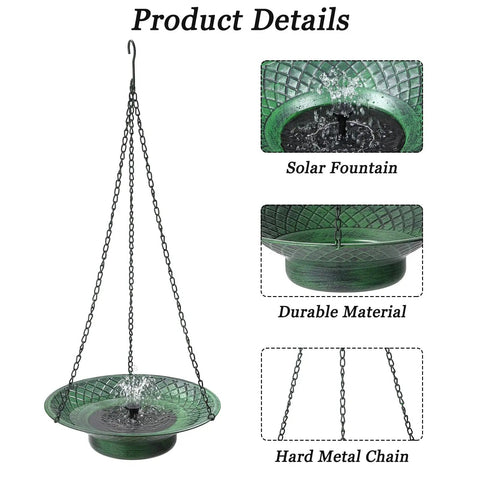 Hanging Solar Powered Bird Bath With Fountain For Garden And Lawn 12.6 Inch Metal Bird Bath Rust Resistant Green Finish No Cords
