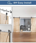 Double Door Sliding Barn Door Hardware Track Kit With Wall Mount And Industrial Spoke Wheel Black Finish installed view
