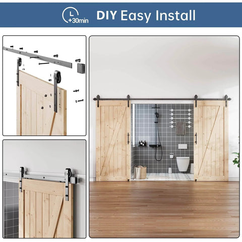 Double Door Sliding Barn Door Hardware Track Kit With Wall Mount And Industrial Spoke Wheel Black Finish installed view
