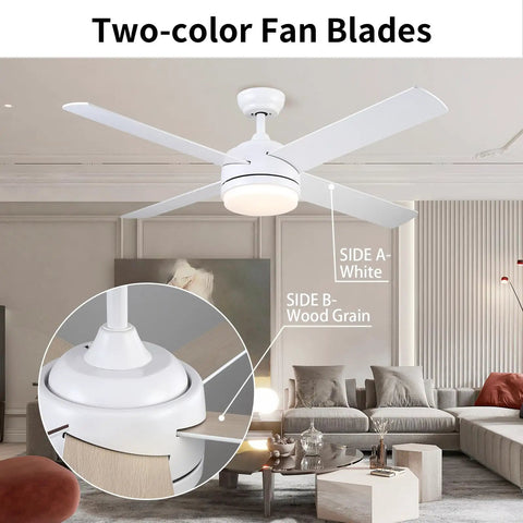 52 Inch Ceiling Fan With Light And Remote LED Dimmable Modern Ceiling Fan Reversible Four Blades Two Color Finishes Quiet