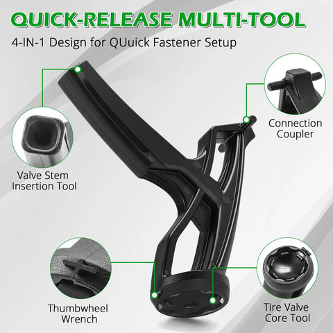 SpeedFlex Football Helmet Quick Release Tool Kit showing multi-tool components: valve stem insertion, thumbwheel wrench, connection coupler.