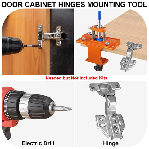Heavy Duty Metal Concealed Hinge Jig For Cabinet Doors With Integrated 35mm Carbide Drill Bit and Dual Bearing Guide being used with a cordless electric drill.