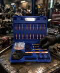 Thinking Process: blue bearing puller set in plastic case with copper steel rods and hooks for engine repair