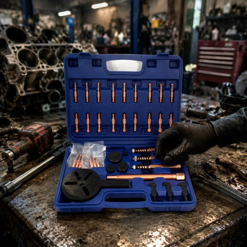 Thinking Process: blue bearing puller set in case with copper rods and hooks on workshop bench