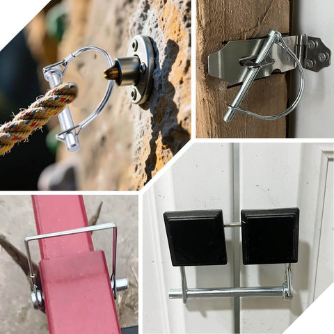 365 Piece Trailer Hitch Pin Kit With Heavy Duty Cotter Pins, R Clips, Locking Coupler Pins, shown installed on various equipment