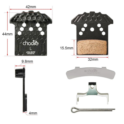 J05A RF Polymetallic Disc Brake Pads, 2 Pairs For Shimano J04C J05A G05A G04S J02A J03A, shown with measurements and details.