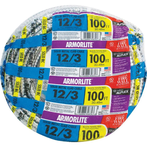 12/3 Solid Copper Armorlite MC Cable 100 Ft Beefed-Up Aluminum Armor, THHN THWN Insulated Conductors, 600V Rated