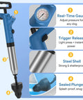 Straight Up High Pressure Toilet Plunger With Real Time Gauge For Rapid Drain Clearing And Sink Unclogging That Blows Out Gunk Fast giving close-up of gauge and trigger