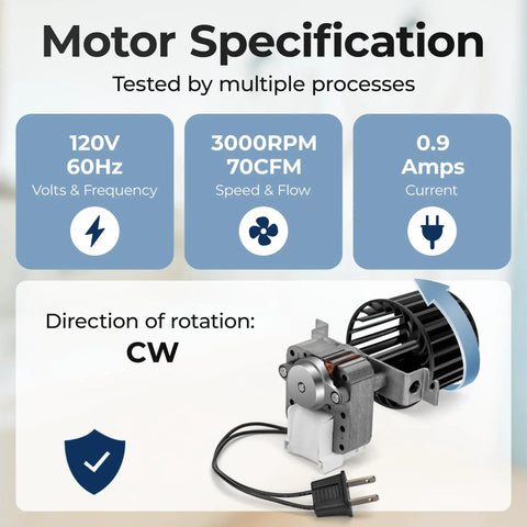 Replacement Bathroom Vent Fan Motor Blower Assembly For Heaters 162E 164E Series, motor specifications and diagram