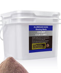 White container labeled 'Aluminum Oxide Blasting Media 12 Lbs' with brown sand pile, 120 grit for cabinets and guns, ideal for finishing