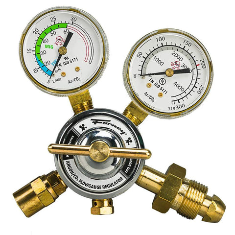 Front view of Forney argon/CO2 MIG regulator kit with dual gauges and brass fittings