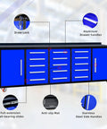 Heavy Duty Steel Storage Cabinet With Beefy Work Bench Featuring Fifteen Non Slip Drawers And Two Massive Doors, showing locks and handles.
