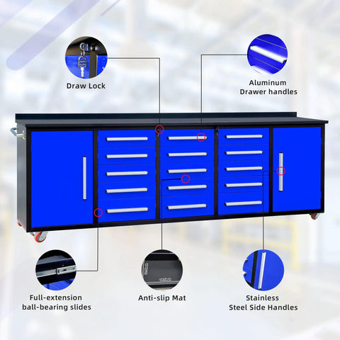 Heavy Duty Steel Storage Cabinet With Beefy Work Bench Featuring Fifteen Non Slip Drawers And Two Massive Doors, showing locks and handles.