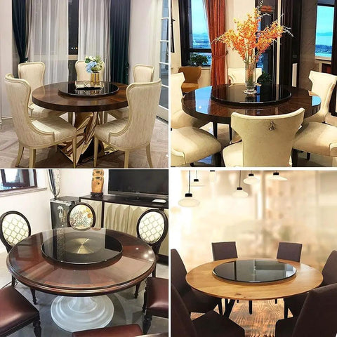 Round 360 Degree Rotating Turntable Heavy Duty Tempered Glass Lazy Susan for Dining Tables shown in different settings