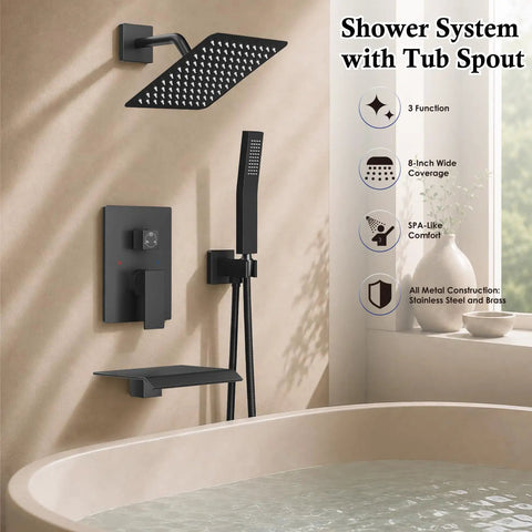 Badass Matte Black 8 Inch Rainfall Shower Combo With Handheld Wand And Tub Spout Diverter Heavy Duty Brass Valve Complete Setup For Killer Bathroom Upgrades