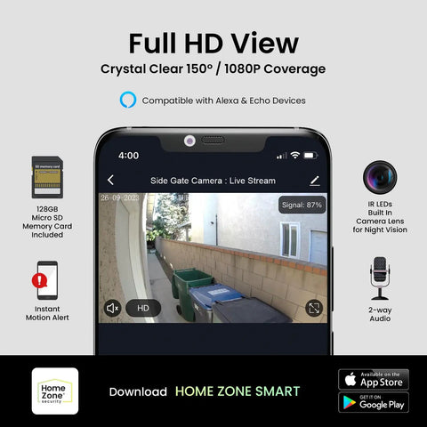 Smartphone screen showing Triple Head Floodlight Cam With Full HD 1080P Live View of outdoor alleyway, includes app icons.