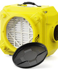 Powerful Beefed Up Three Stage Air Scrubber With MERV 10 Filter And Activated Carbon And HEPA Cleaner yellow unit with filter