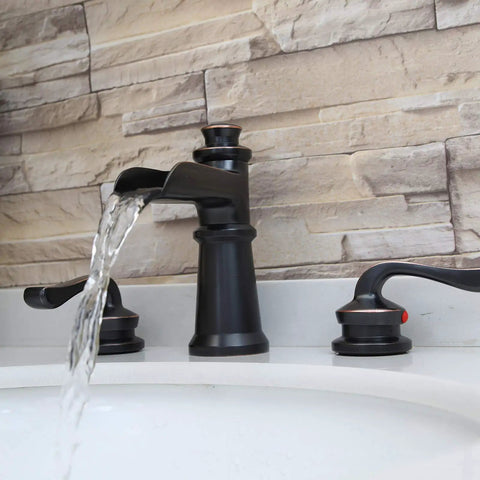 Waterfall Style Widespread Bathroom Faucet With 8 To 16 Inch Mounting Three Hole Two Handles Pop Up Drain Overflow Farmhouse Commercial Grade Mixer Tap Includes Supply Lines For Easy Install