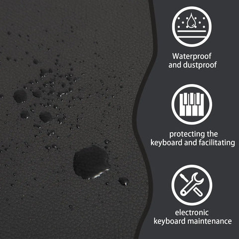 Close-up of waterproof stretchy keyboard piano cover for 61 to 88 keys, highlighting water resistance, protection and maintenance features.
