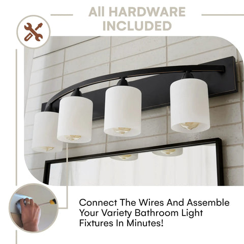 Four Light Bathroom Vanity Lights Over Mirror With Modern Glass Shade Panel In Matte Black Finish Hollywood Style Wall Sconce