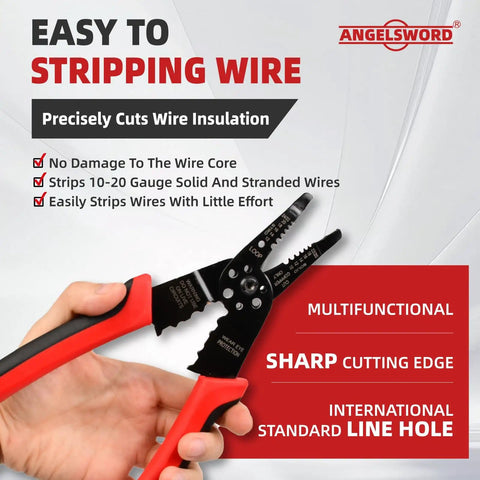 8 Inch Wire Stripper And Crimping Pliers Multi Function Tool For Cutting Stripping Crimping And Looping in use close-up