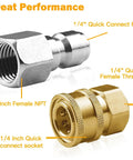 Two metal quick-connect fittings for pressure washers: silver 1/4 in NPT male and brass 1/4 in female socket.