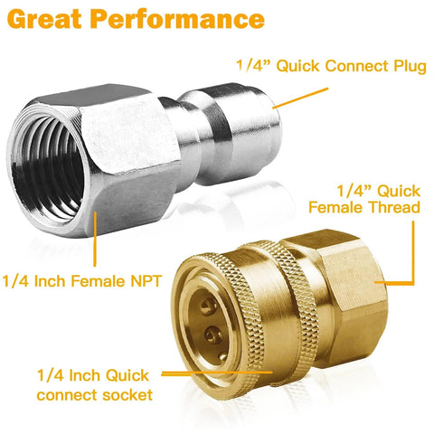 Two metal quick-connect fittings for pressure washers: silver 1/4 in NPT male and brass 1/4 in female socket.