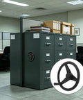 Smooth Tri Spoke Compact Shelving Handwheel In Stylish Black Plastic Crank Handle For Effortless Manual Drive And Easy Archive Rack Storage Access Without Strain on office filing cabinet