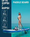 Person on paddle board with All-In-One Electric Inflation Pump For Inflatable SUP Kayak Boat Air Mattress And More, 60 PSI visible.