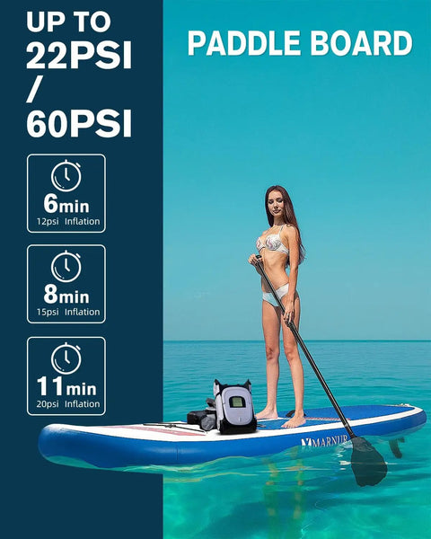 Person on paddle board with All-In-One Electric Inflation Pump For Inflatable SUP Kayak Boat Air Mattress And More, 60 PSI visible.