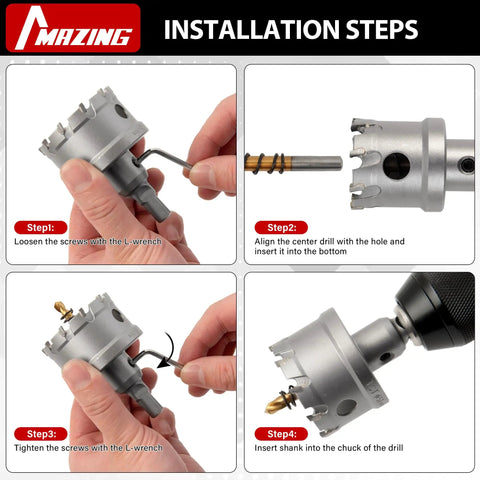 Installation steps for 16 Piece Heavy Duty Tct Hole Saw Kit For Hard Metal showing drilling setup and adjustments.