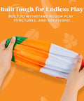 Hands holding deflated 4 Pack 20 Inch Rainbow Beach Balls Large Inflatable Pool Toys For Parties Decorations For Adults And Kids Luau Summer Beach Water Games Beach Ball Favors.