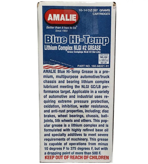 Amalie Blue Hi-Temp Grease NLGI 2 lithium complex, premium automotive lubricant, detailed front package view, 10-cartridge box.